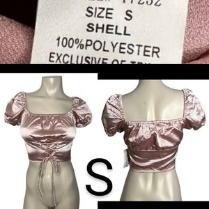🆕Mauve Satin Cuff Shoulder Lace Up Tie Crop Blouse~Size S